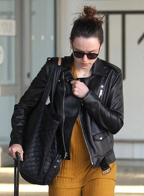 Chic Leather Jacket Look on Daisy Ridley ion France style