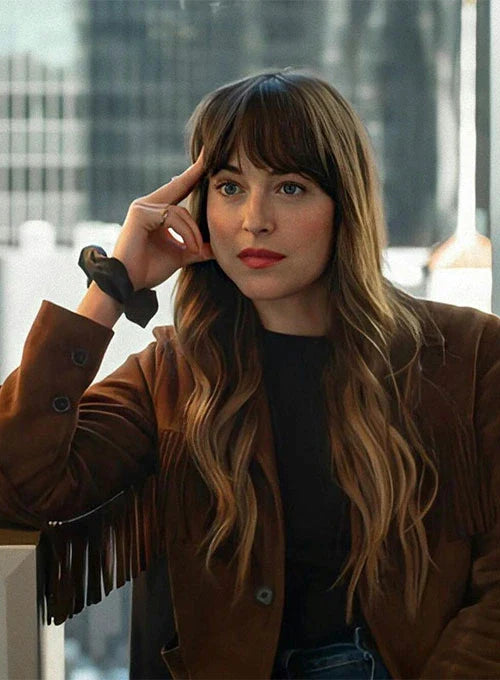 Dakota Johnson Rocks High Note Suede Leather Jacket with Style in USA market