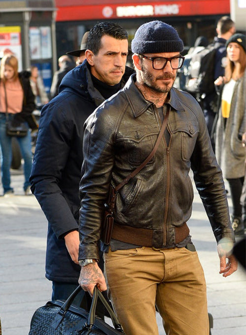 David Beckham's iconic Brown Leather Jacket, a timeless addition to any wardrobe in USA market