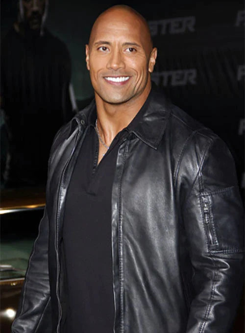 Dwayne Johnson's character exudes confidence and style in his leather jacket in USA style