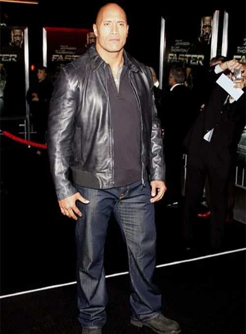Dwayne Johnson's leather jacket complements his muscular physique in American market