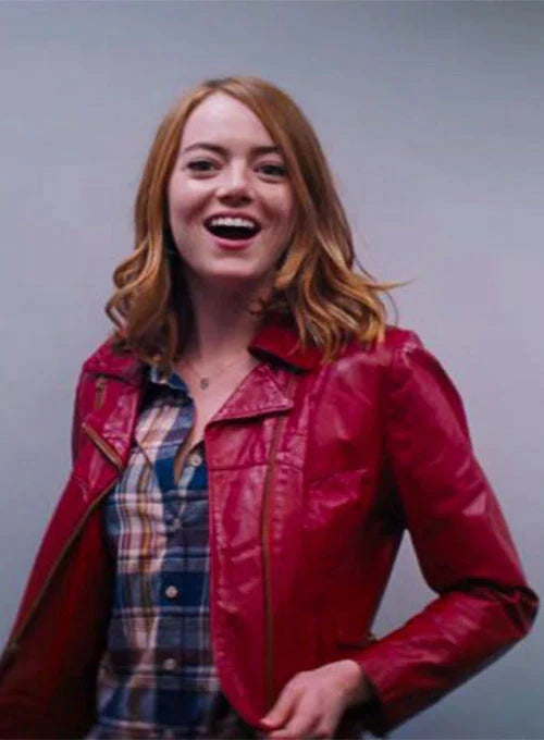 Leather jacket worn by Emma Stone adds a touch of effortless cool to her character in USA style