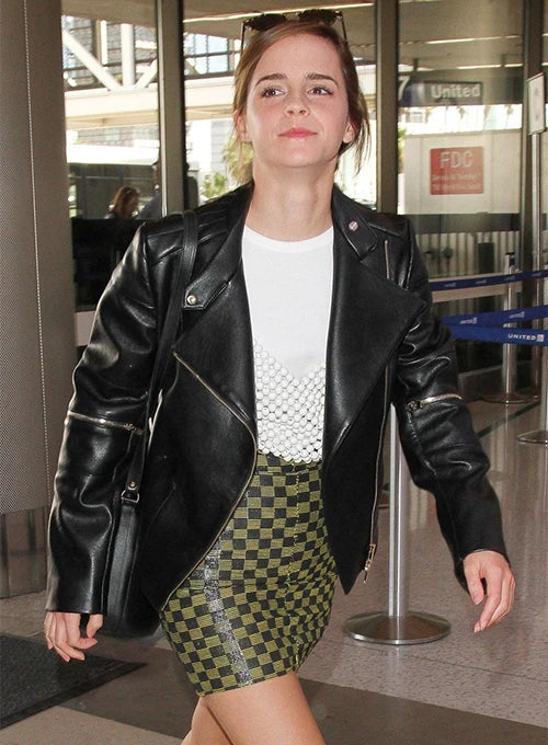 Emma Watson sporting a chic leather jacket with silver zipper in USA market