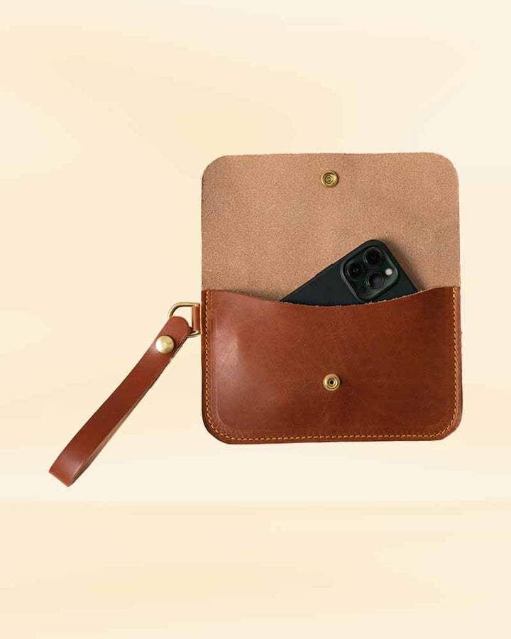 Compact tan Dublin wristlet clutch for essentials in usa