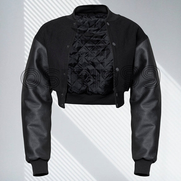 Women's varsity-style crop jacket with leather sleeves in USA