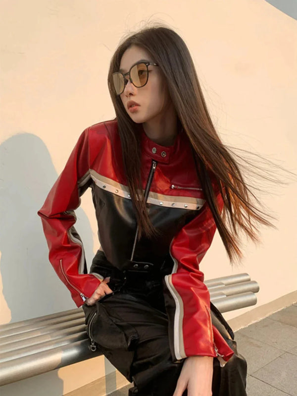 Vibrant Multi-Color Crop Leather Biker Jacket for Women in USA