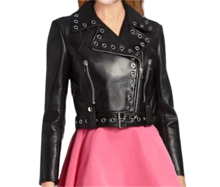 Stunning black leather jacket with a metallic sheen in American style