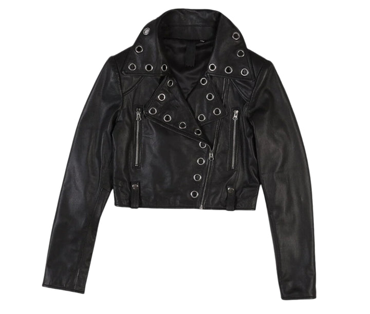 Glamorous black leather jacket with a stylish belt in American style