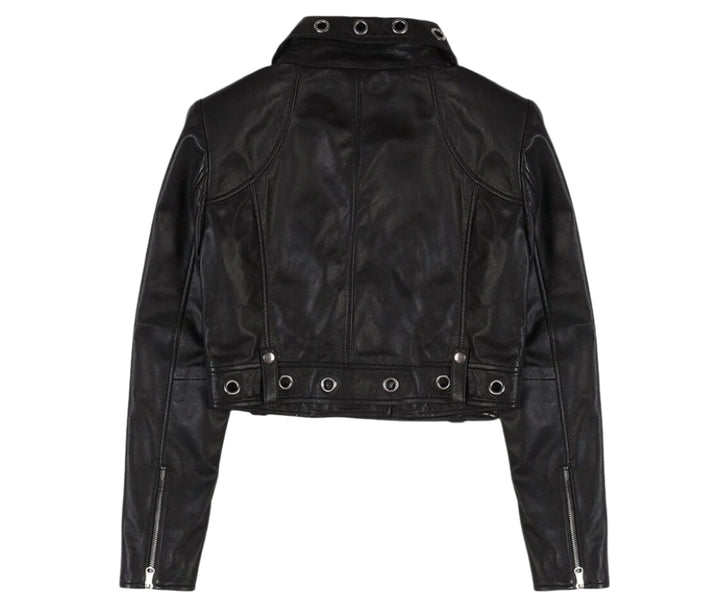 Trendy gift for her: metallic crop leather jacket in United state market