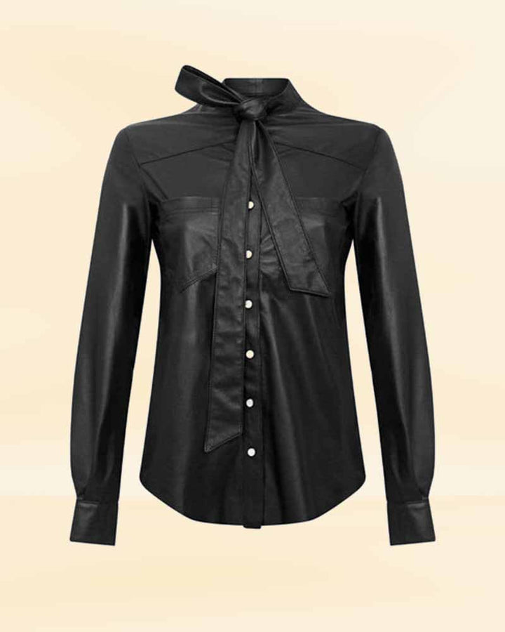 black leather shirt with tie front