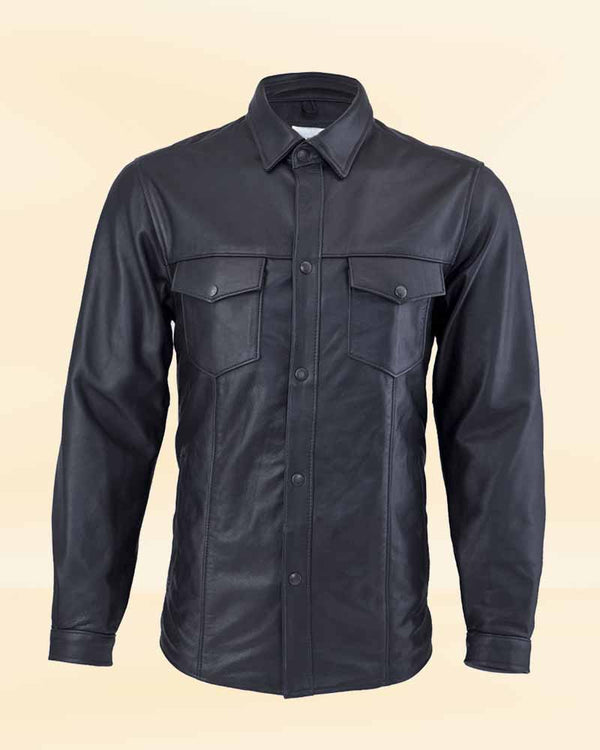 black leather shirt with snap button closure USA style