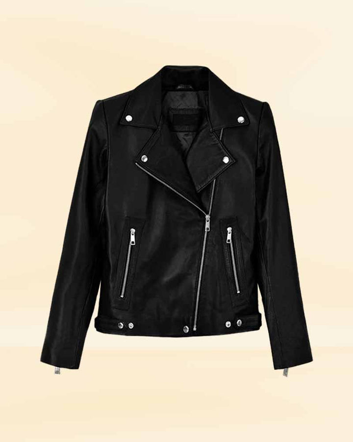Elevate your style with Jena Malone's iconic black leather jacket in US style