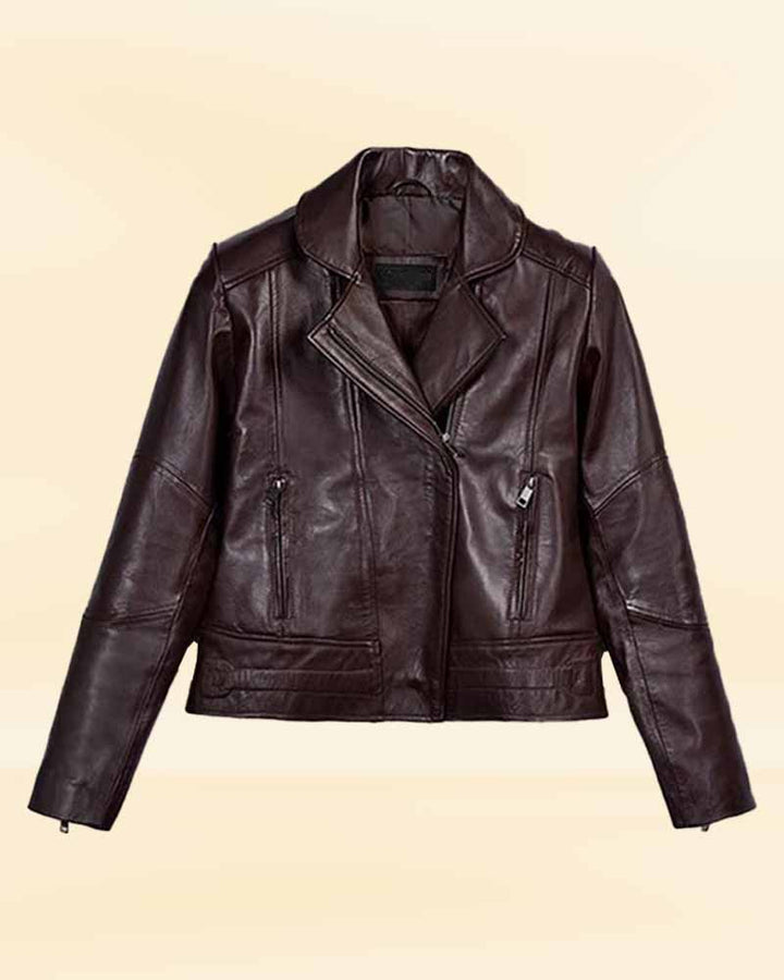 Upgrade your wardrobe with this trendy Katie Holmes leather jacket in German style