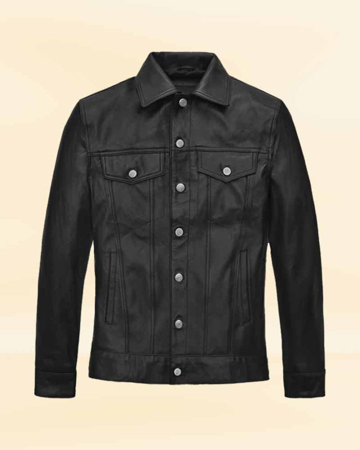 Upgrade your wardrobe with the stylish and versatile black leather jacket worn by Jeff Goldblum in France market