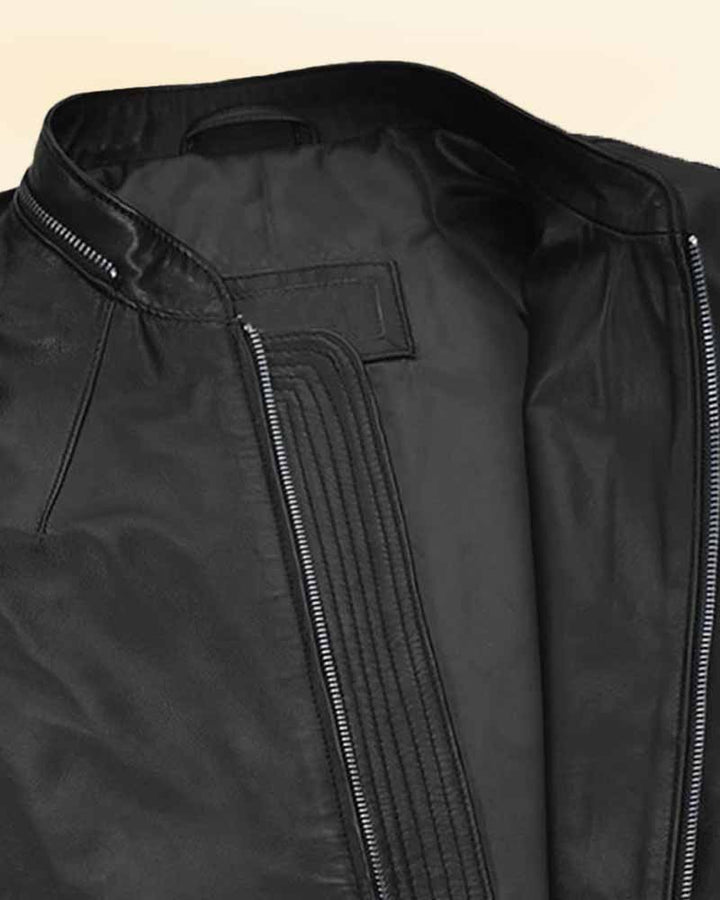 Own a timeless piece of fashion with this classic black leather jacket from Lan Somerhalder's wardrobe in USA market