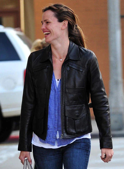 Jennifer Garner's timeless style showcased in a sleek leather jacket in American style