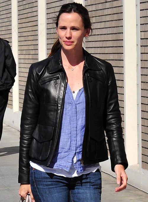 Jennifer Garner looking stunning in a classic black leather jacket in USA market