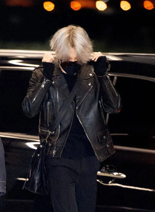 Stylish black biker leather jacket inspired by Kim Taehyung ion American style