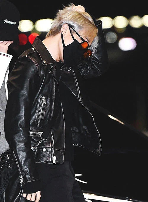Black biker leather jacket worn by Kim Taehyung in USA market