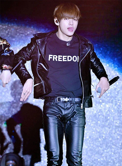 Kim Taehyung's sleek black leather jacket for men in USA market