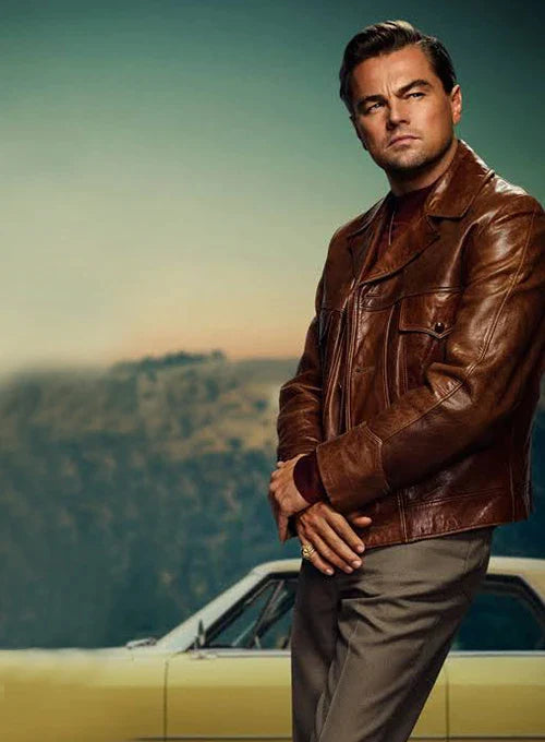 Leonardo DiCaprio donning a stylish brown leather jacket in USA market