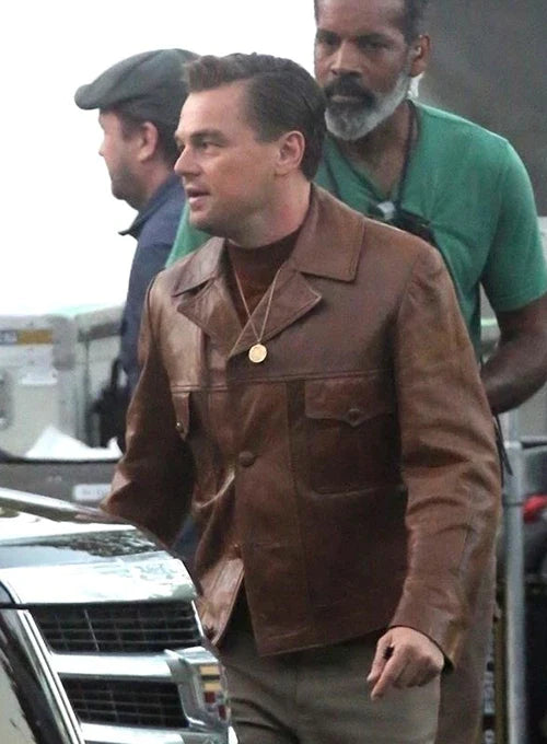 DiCaprio's sleek brown leather outerwear in United state market