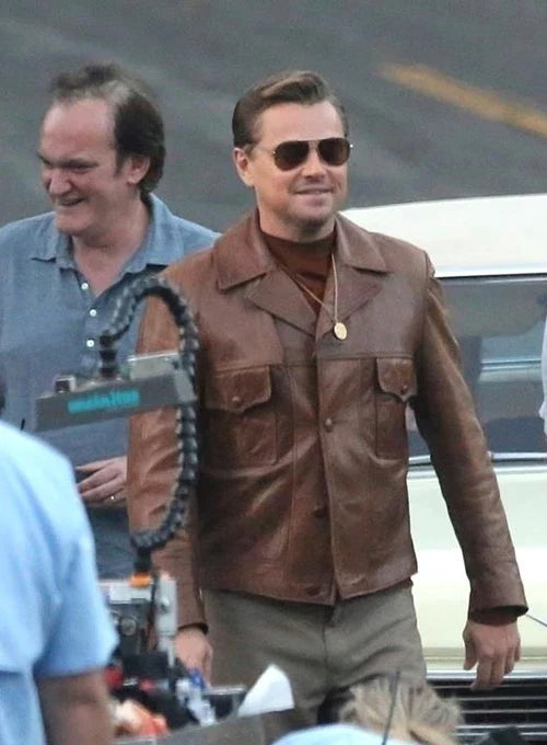 Brown leather jacket on Leonardo DiCaprio in American style