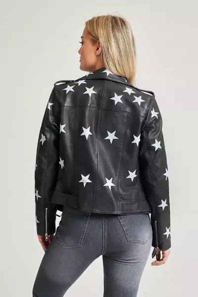 Fashion-forward Stars Pattern on Women's Black Biker Jacket in American market