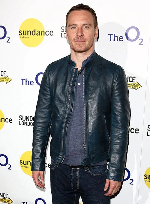 Sophisticated leather jacket worn by Michael Fassbender in navy blue in American style