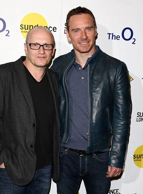 Navy blue leather jacket on Michael Fassbender: the perfect mix of elegance and style in UK market