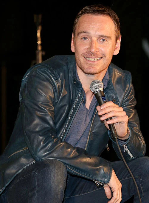 Michael Fassbender's navy blue leather jacket: a timeless style statement in USA market