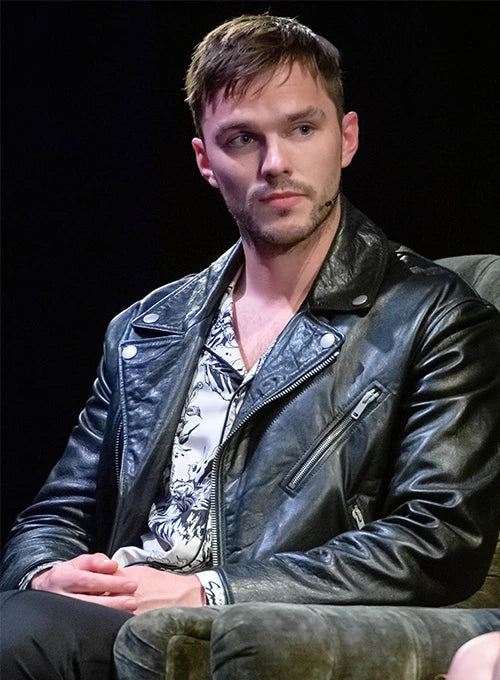 Add a touch of sophistication to your outfit with this Nicholas Hoult black leather jacket in France style