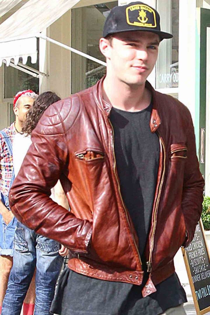 Get the rugged and edgy look with Nicholas Hoults Mad Max leather jacket in American style