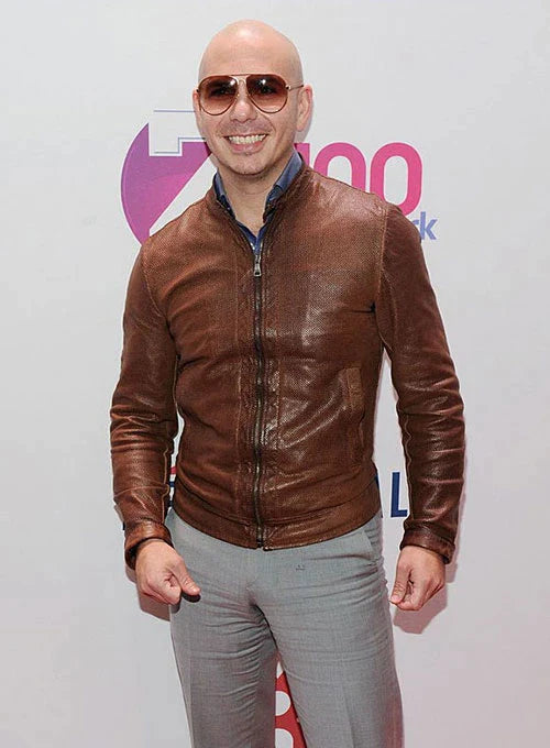 Pitbull donning a stylish brown sheep leather jacket in USA market