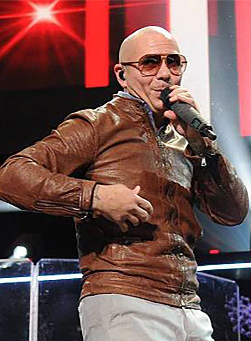 Pitbull looking stylish in a brown sheep leather jacket. in USA market