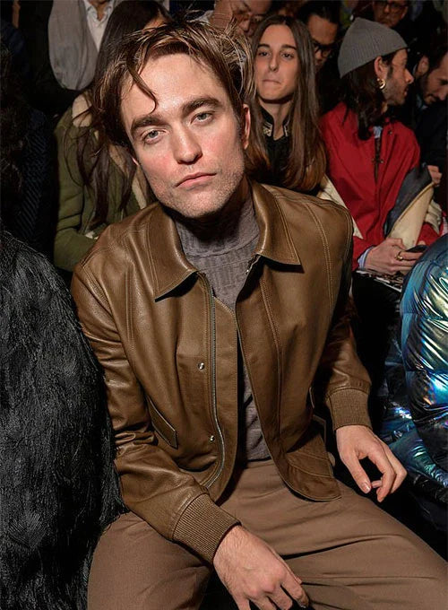 Robert Pattinson's classic Brown Leather Jacket, a stylish addition to any wardrobe in USA market