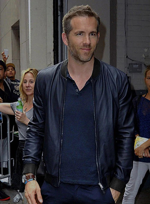 Experience the confidence and charm of Ryan Reynolds with this elegant leather jacket in American style