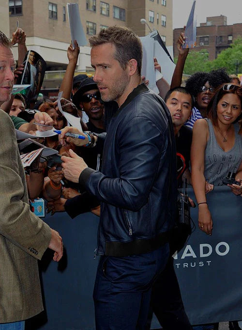 Ryan Reynolds' sleek black leather jacket for men in USA market
