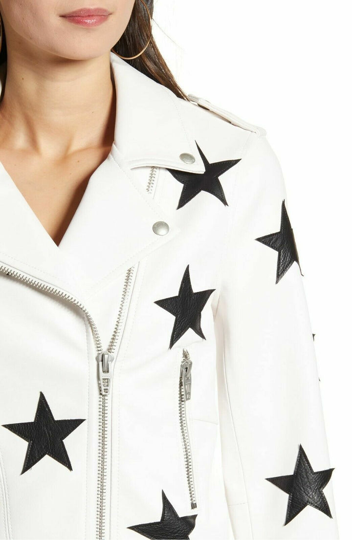 Stylish Lambskin Jacket: Contrasting Black Stars in American style