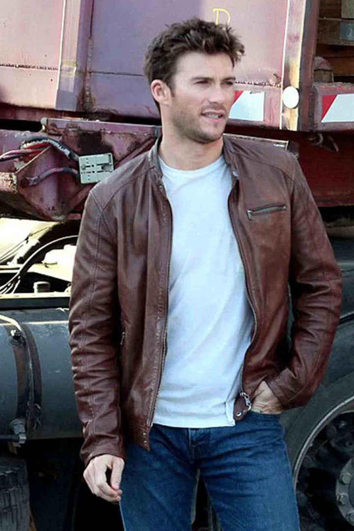 Upgrade your fashion game with this stylish and versatile men's brown leather jacket inspired by Scott Eastwood in American style