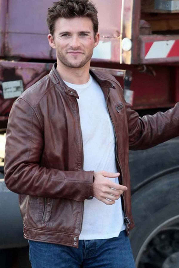 Get the rugged and handsome look with this men's brown leather jacket worn by Scott Eastwood in USA market
