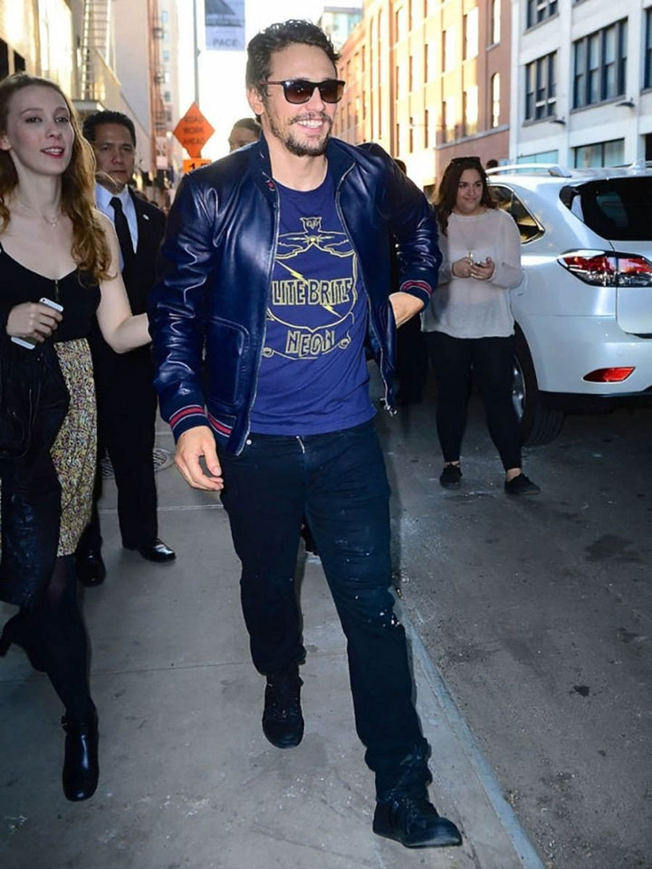 Experience the cool and effortless style of James Franco's blue leather jacket in German market