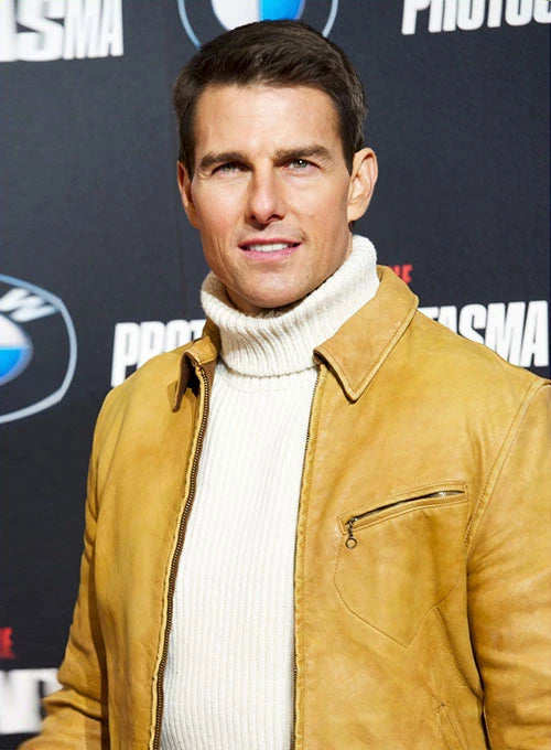 Tom Cruise in a stylish black leather jacket at the Mission Impossible 4 premiere in American style