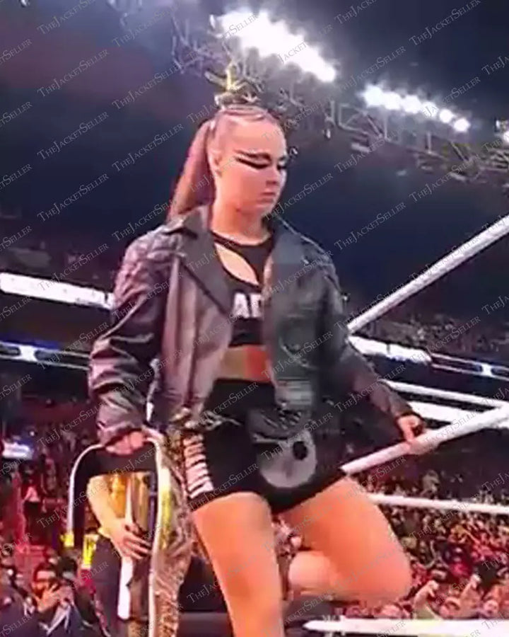 Ronda Rousey wearing the WWE Royal Rumble 2022 leather jacket in USA market