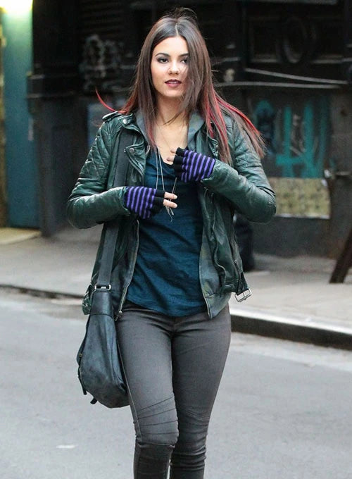 Victoria Justice's cool leather jacket in USA market